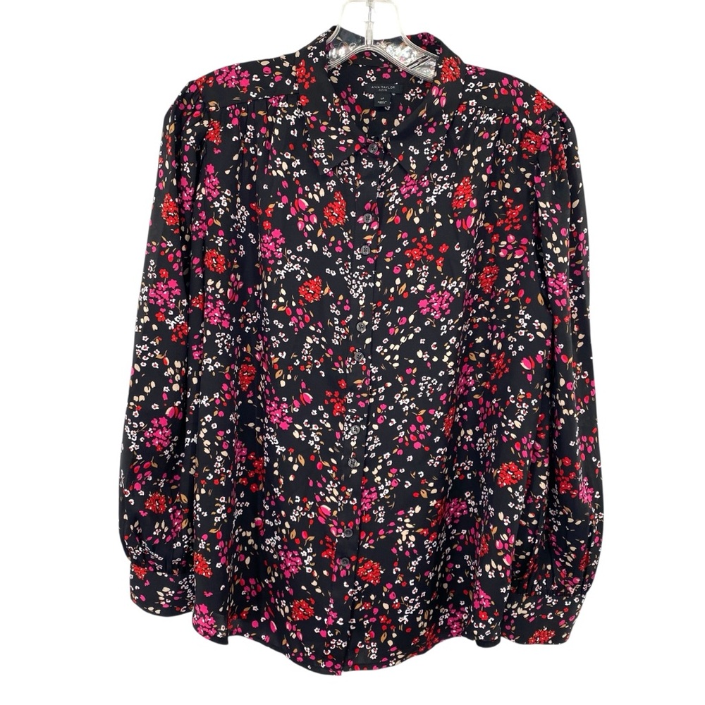 Ann Taylor Floral Button Front Blouse Top Petite Large
